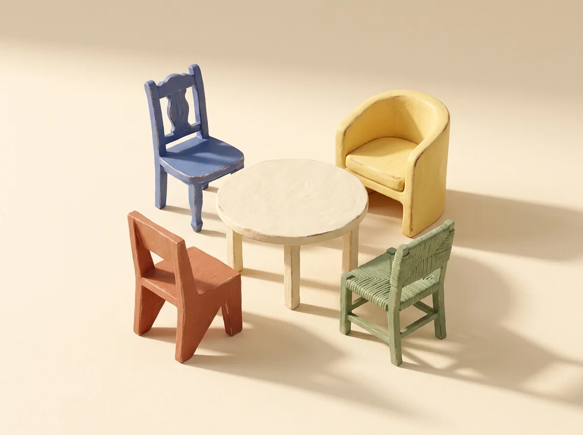 Four handmade chairs in blue, yellow, terracotta, and sage gathered around a small table.