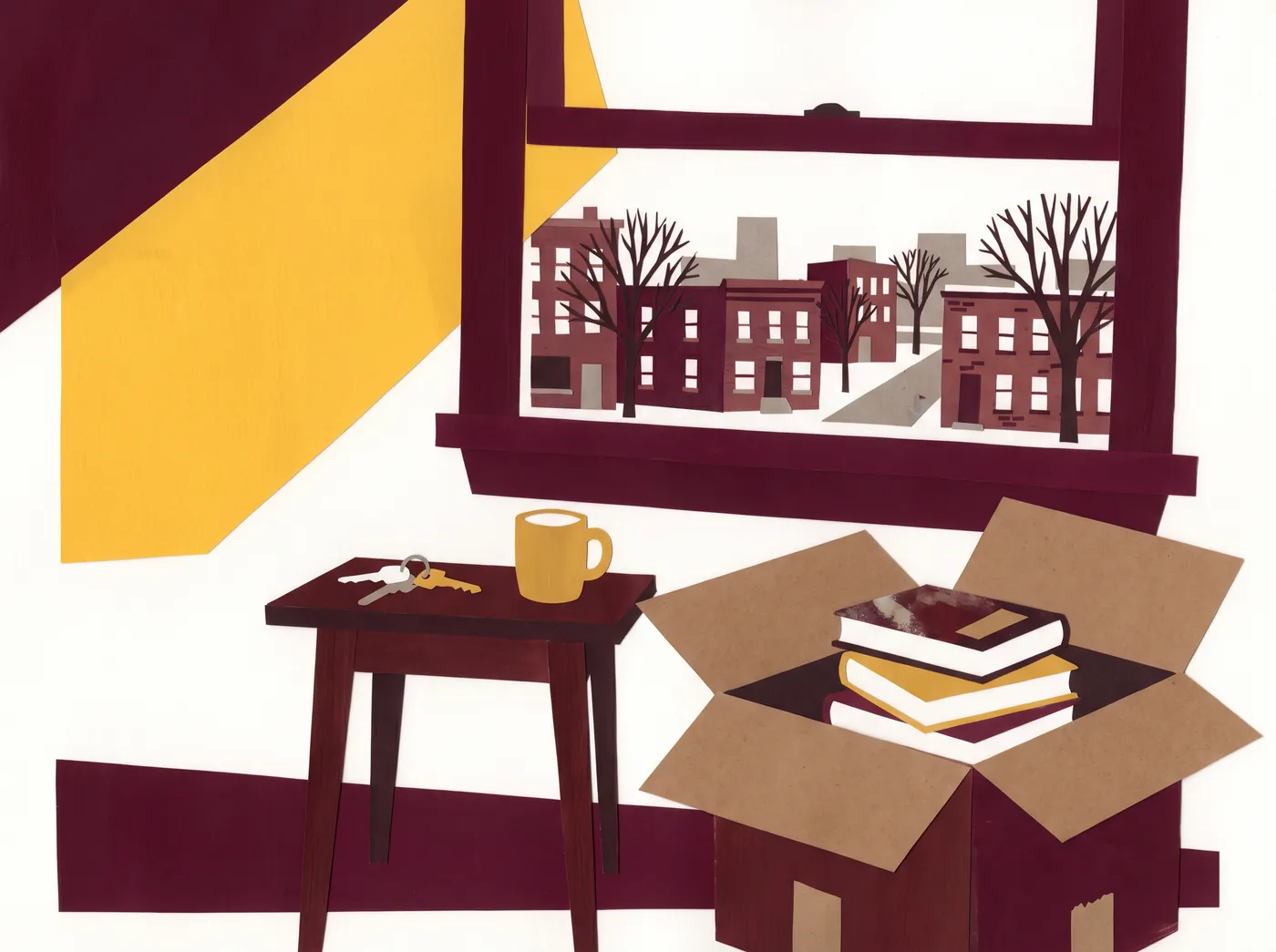 Paper and gouache illustration of moving day boxes and a new set of keys.