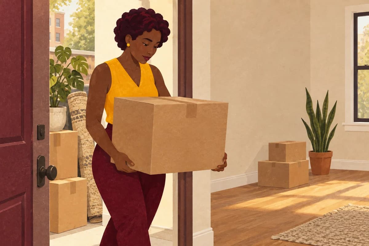 Illustrated Yancy settling into her new Minneapolis apartment among moving boxes.